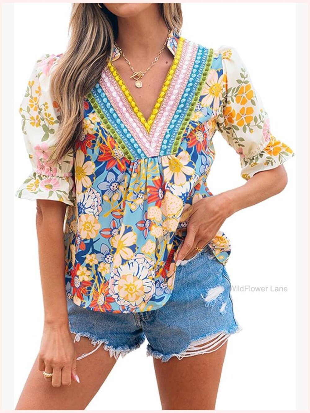 Floral Puff Sleeve V Neck Blouse Boho Summer Top Dressy Casual